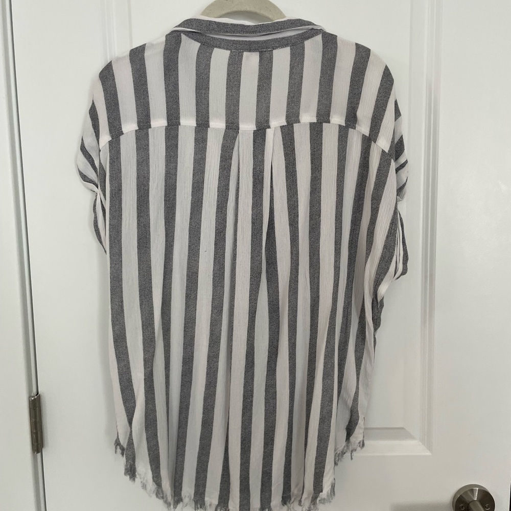 Umgee Striped, Button Down Top With Fringed Hem - image 5